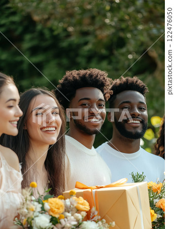 Diverse Group of Friends Smiling with Gifts and Flowers in a Green Outdoor Setting 122476050