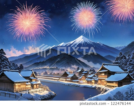 A village lined with old houses along the river and fireworks-2 122476144