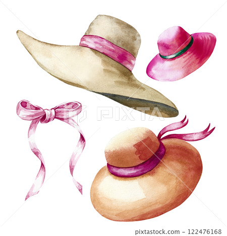 A set of women's hats with ribbons in yellow-pink color isolated on a white background. Fashion accessories and hats. All the elements are painted in watercolor. Drawing for the design A set of women's hats with ribbons in yellow-pink color isolated on a white background. Fashion accessories and hats. All the elements are painted in watercolor. Drawing for the design 122476168