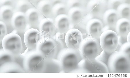 White Faceless Individuals in a Wide Arrangement Creating a Chaotic Abstract Scene 122476268