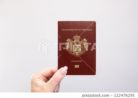 Monaco Passport Held Against Simple White Background. Astana, Kazakhstan, 26 october 2024 122476295