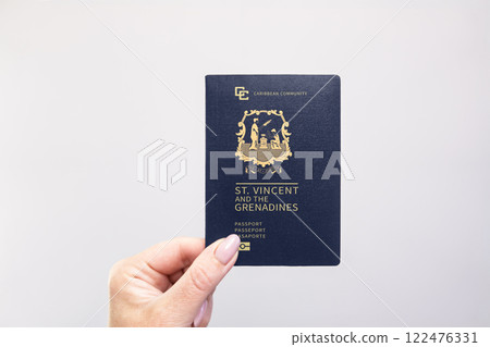 Passport Saint Vincent and the Grenadines Held Against Simple White Background. Astana, Kazakhstan, 26 october 2024 Passport Saint Vincent and the Grenadines Held Against Simple White Background. Astana, Kazakhstan, 26 october 2024 122476331