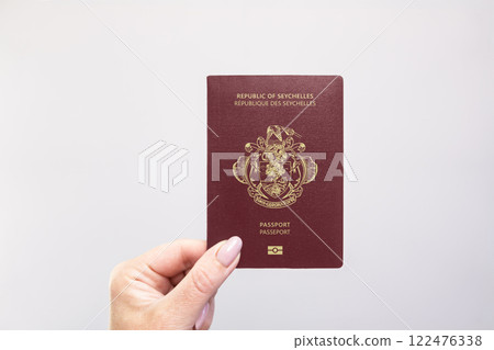 Passport Seychelles Held Against Simple White Background. Astana, Kazakhstan, 26 october 2024 122476338