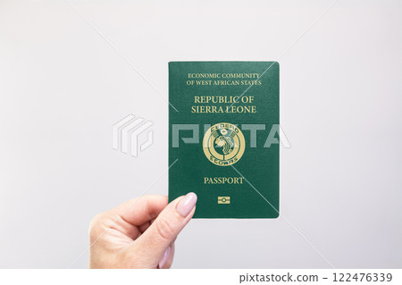 Passport Sierra Leone Held Against Simple White Background. Astana, Kazakhstan, 26 october 2024 122476339