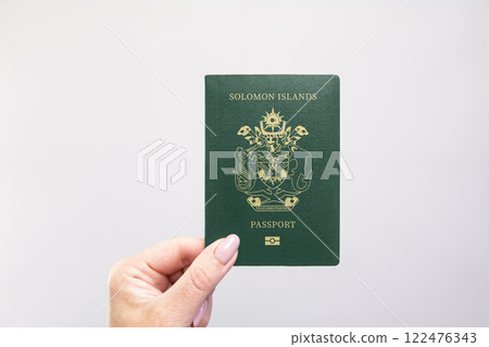 Passport Solomon Islands Held Against Simple White Background. Astana, Kazakhstan, 26 october 2024 122476343