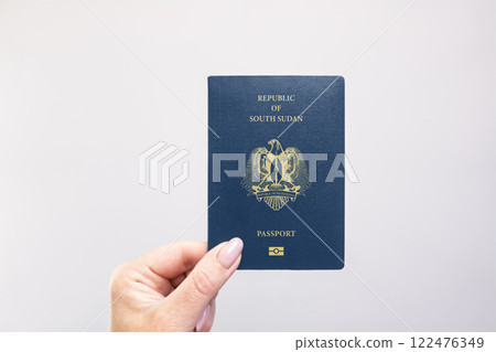 Passport South Sudan Held Against Simple White Background. Astana, Kazakhstan, 26 october 2024 122476349