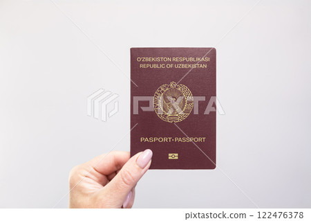 Passport Uzbekistan Held Against Simple White Background. Astana, Kazakhstan, 26 october 2024 122476378