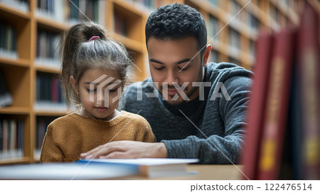 A Caring Father Assisting His Daughter with Reading in a Cozy Library Setting 122476514