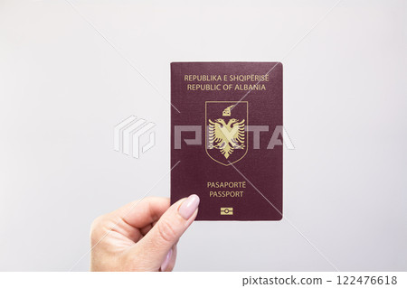Albania Passport Held Against Simple White Background. Astana, Kazakhstan, 26 october 2024 Albania Passport Held Against Simple White Background. Astana, Kazakhstan, 26 october 2024 122476618
