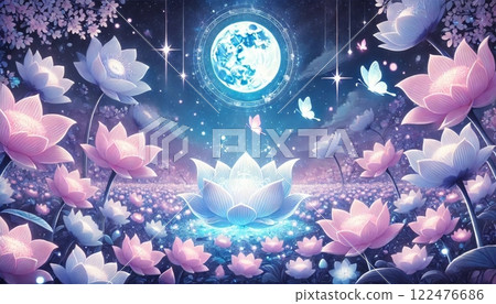 滿月之下，一片夢幻般的蓮花田和閃閃發光的蝴蝶 122476686