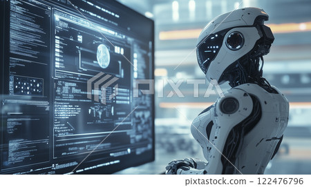 "AI-generated images" of the office of the future where AI robots perform data analysis 122476796