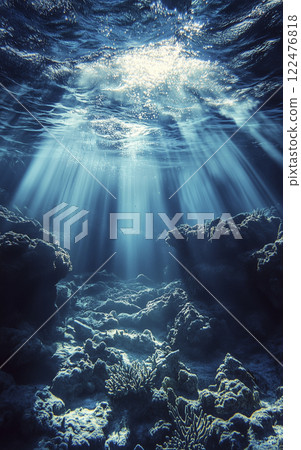 "AI-generated images" of beautiful undersea scenery bathed in sunlight 122476818