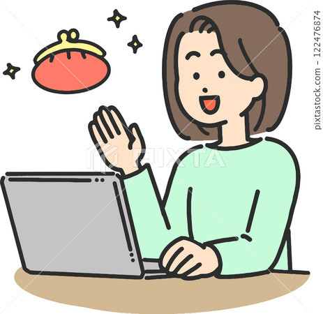一位年輕女子操作計算機的插圖，該計算機提供有關金錢的信息 122476874