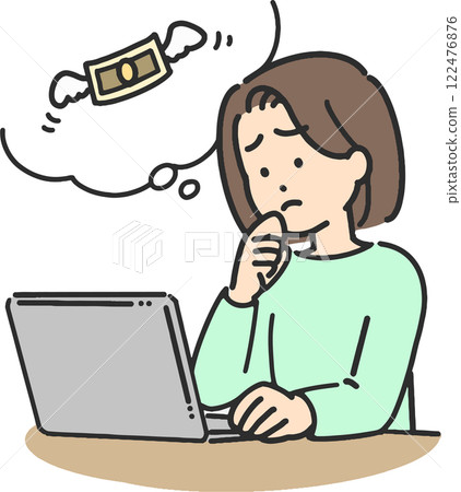 Illustration of a young woman worrying about money while operating a computer 122476876