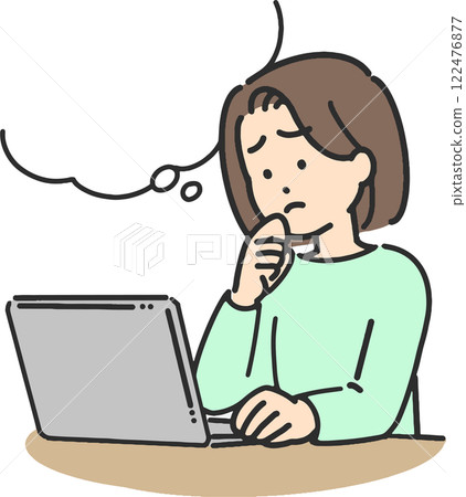 一位年輕女子在操作電腦時擔心某件事的插圖 122476877