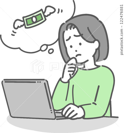 一位年輕女性在操作電腦時擔心錢的問題 122476881