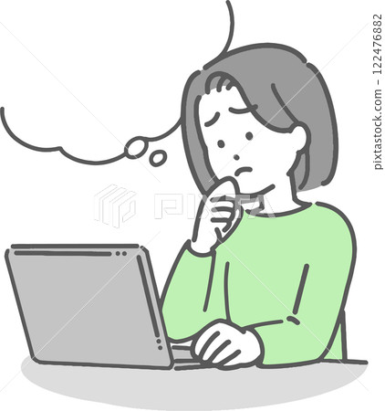 一位年輕女子在操作電腦時擔心某件事的插圖 一位年輕女子在操作電腦時擔心某件事的插圖 122476882