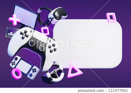 Gaming night blank poster, video game live stream 3d render. White banner mockup with joystick, vr glasses, computer, console, wheel on neon background. Online tournament announcement. 3D illustration 122477001