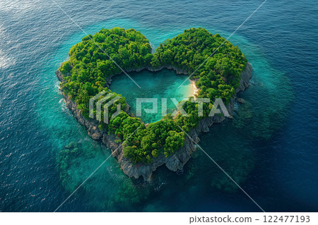 Heart-shaped green island and blue sea 122477193
