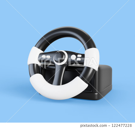 3d game controller simulator car steering wheel. Gaming driving equipment for computer video games, arcade racing. Black white device isolated on blue background. Cartoon render icon. 3D illustration 122477228