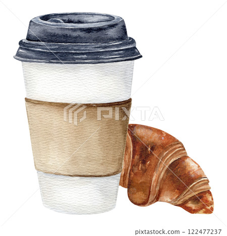 Watercolor illustration of a takeaway coffee in paper cup with a black lid and a crispy croissant 122477237