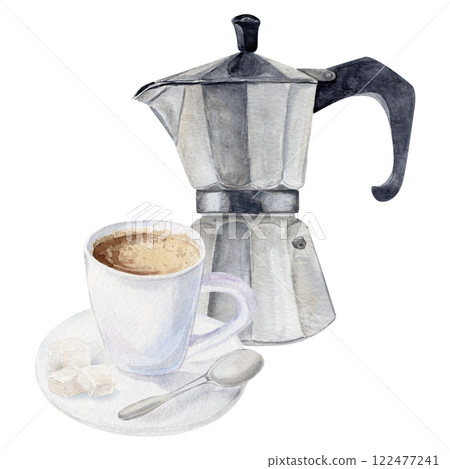 Watercolor composition with cup of espresso on a saucer with a spoon and refined sugar and geyser metal coffee maker Watercolor composition with cup of espresso on a saucer with a spoon and refined sugar and geyser metal coffee maker 122477241
