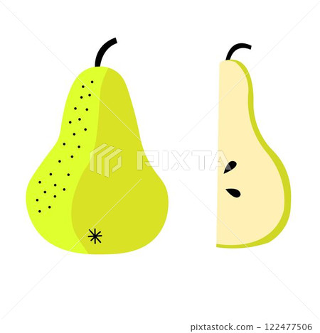 Illustration of a green pear whole and sliced with seeds on white background in flat style 122477506