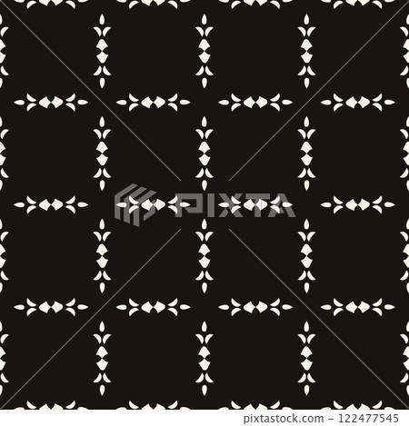 Simple minimalist floral pattern. Minimal seamless texture with small flower shapes. Abstract black and white geometric background. For print, package Simple minimalist floral pattern. Minimal seamless texture with small flower shapes. Abstract black and white geometric background. For print, package 122477545
