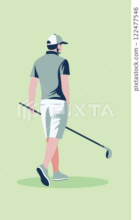 Flat Design Illustration of Man Golfer Player Character Walking Holding Golf Stick 122477546