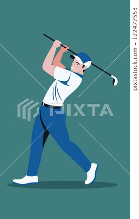 Flat Design Illustration of Man Golfer Player Character Swinging Golf Stick 122477553