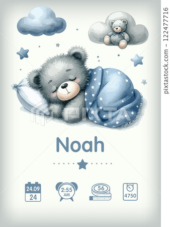 Watercolor Baby birth poster. Vector illustration of teddy bear, height, weight and date of birth. Illustration newborn metric for kids bedroom. Watercolor Baby birth poster. Vector illustration of teddy bear, height, weight and date of birth. Illustration newborn metric for kids bedroom. 122477716