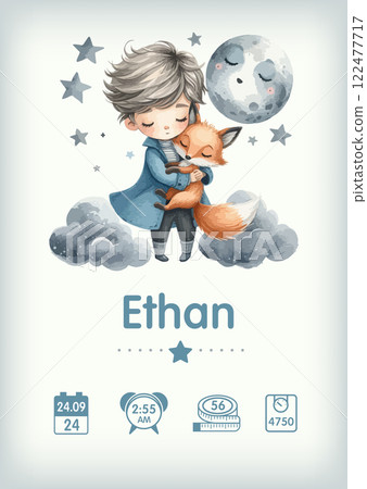 Watercolor Baby birth poster. Vector illustration of little prince with fox, height, weight and date of birth. Illustration newborn metric for kids bedroom. 122477717