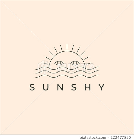 sun shy line art icon logo vector minimal illustration design, sunset and wave logo design 122477830
