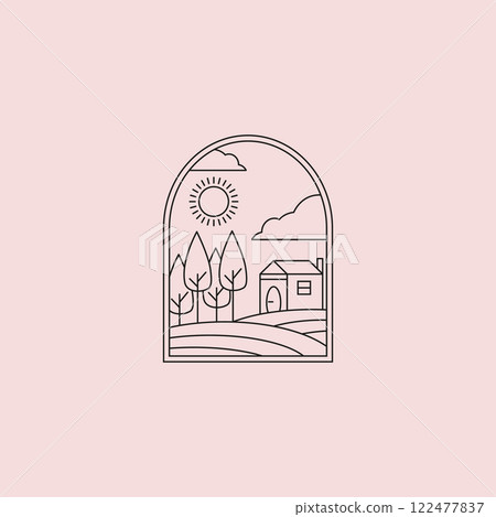 line art farm house emblem vector illustration design, line art style 122477837