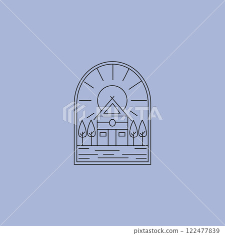 summer cottage house logo vector illustration design, line art style logo 122477839