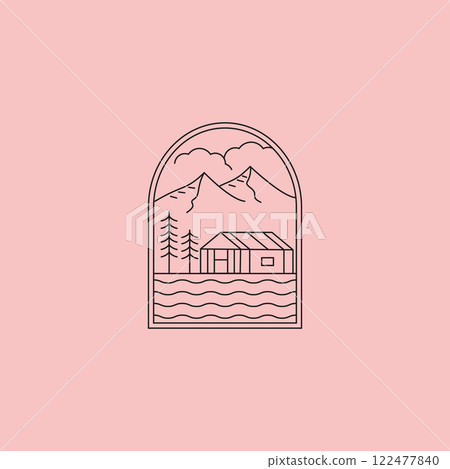 cottage house and river line art vector symbol illustration design, outdoor badge design 122477840