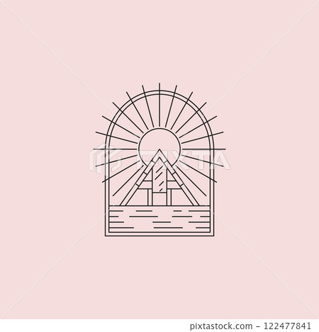 sunburst cabin line art vector illustration design, shirt print vector 122477841