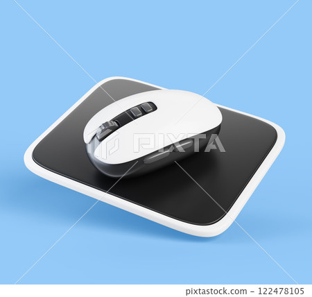 Gamer computer mouse on pad cartoon 3d render icon. Realistic cursor control device for home and office. Black white wireless mouse with wheel and buttons, isolated design elements. 3D illustration Gamer computer mouse on pad cartoon 3d render icon. Realistic cursor control device for home and office. Black white wireless mouse with wheel and buttons, isolated design elements. 3D illustration 122478105