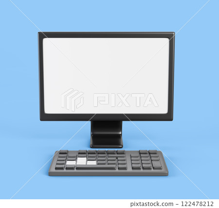 3d Gaming PC desktop computer with blank white screen and gamer keyboard render. Modern monitor with keypad for video game or streaming, cartoon design element for cyber sportsman. 3D illustration 3d Gaming PC desktop computer with blank white screen and gamer keyboard render. Modern monitor with keypad for video game or streaming, cartoon design element for cyber sportsman. 3D illustration 122478212