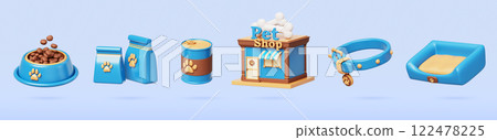 3d set of pet shop building, food and accessories cartoon render icon. Isolated domestic animal store exterior, cat or dog bowl, bed, collar, feed can and bag. Petshop business goods. 3D illustration 3d set of pet shop building, food and accessories cartoon render icon. Isolated domestic animal store exterior, cat or dog bowl, bed, collar, feed can and bag. Petshop business goods. 3D illustration 122478225