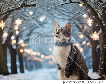 冬季彩燈和一隻坐著的貓 122478344