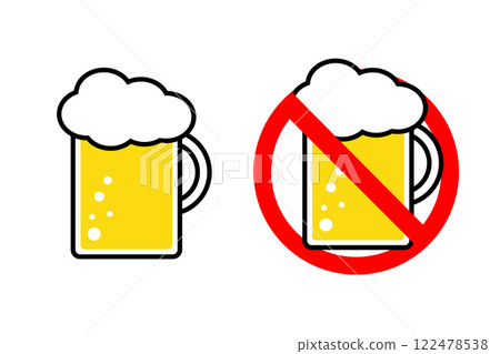 杯子裡的啤酒和帶有禁令標誌的啤酒的插圖 122478538