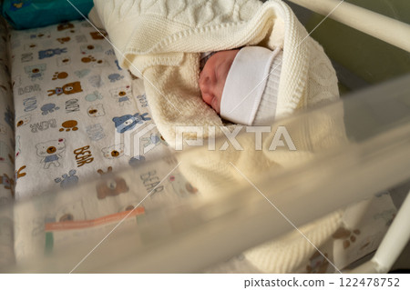 Newborn Baby Sleeping in Knitted Blanket Newborn Baby Sleeping in Knitted Blanket 122478752