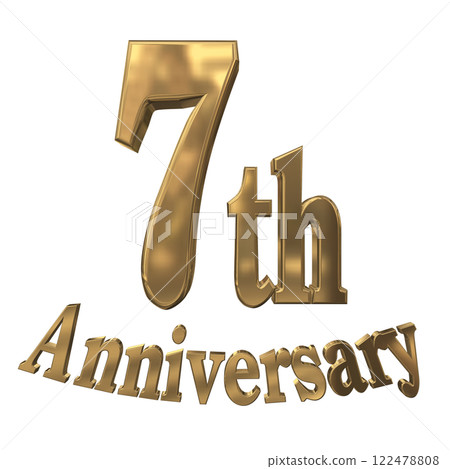 3DCG 字母“7 週年/七週年紀念標誌閃亮”金色，金色 122478808