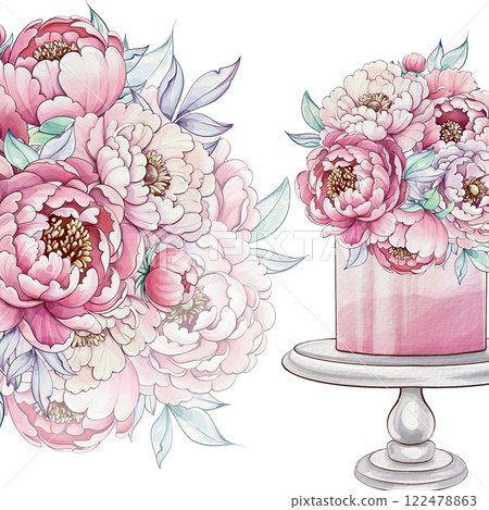 Lush peonies bloom vibrantly in shades of pink and white, elegantly arranged atop a delicate cake stand with soft green foliage template, background Lush peonies bloom vibrantly in shades of pink and white, elegantly arranged atop a delicate cake stand with soft green foliage template, background 122478863