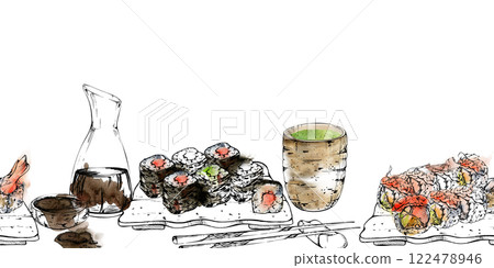 Traditional Japanese food, served sushi rolls set with raw fish, soy sauce, matcha tea and chopsticks, hand drawn in watercolor and ink. Seamless banner for restaurant, cafe menu, kitchen, recipe book 122478946