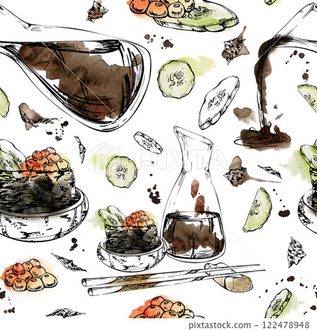 Japanese food, gunkan sushi with raw fish salmon caviar, cucumber slices in ceramic bowl, soy sauce, chopsticks, hand drawn in watercolor, ink. Seamless pattern for restaurant, cafe menu, recipe book 122478948
