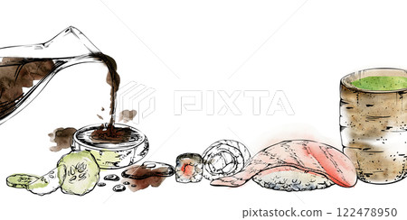 Japanese food nigiri sushi roll, raw fish salmon tuna seabass caviar cucumber, soy sauce jar bowl, matcha tea hand drawn in watercolor, ink. Illustration restaurant, cafe menu, kitchen, recipe book 122478950
