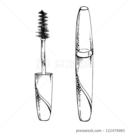 Make-up mascara brush eyebrow eyelash bottle container with applicator. Isolated object, detailed line vector sketch, ink hand drawn. Beauty parlor salon illustration, packaging, craft cosmetics shop 122478965