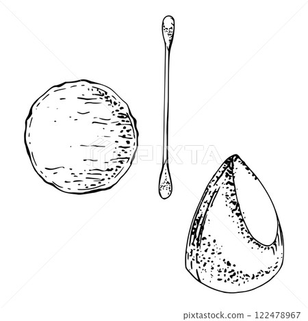 Make-up cotton pad swab q-tip stick sponge tampon, dermatology exfoliation purifying. Isolated object line vector sketch, ink hand drawn. Beauty parlor salon illustration, packaging, cosmetics shop Make-up cotton pad swab q-tip stick sponge tampon, dermatology exfoliation purifying. Isolated object line vector sketch, ink hand drawn. Beauty parlor salon illustration, packaging, cosmetics shop 122478967